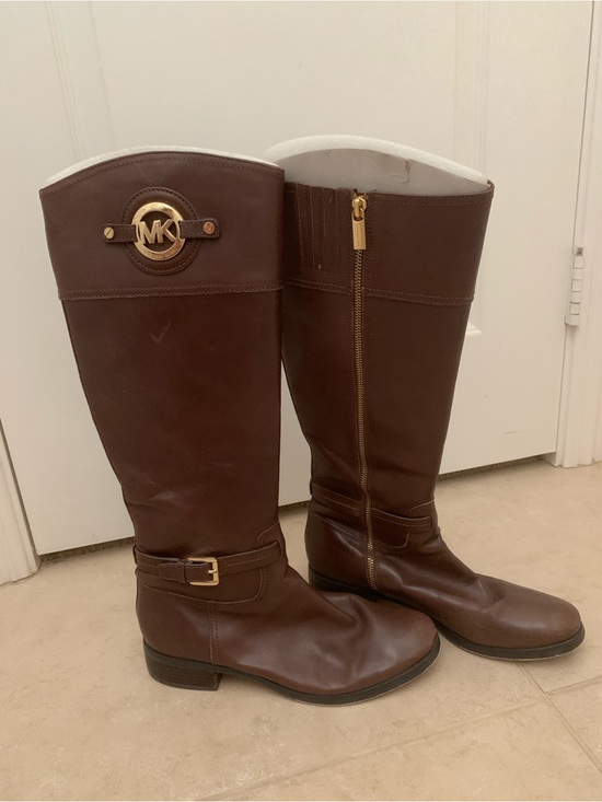 Michael Kors Shoes - Michael Kors Stockard Brown Leather Tall Riding Boots Gold MK Logo Size 9.5M
